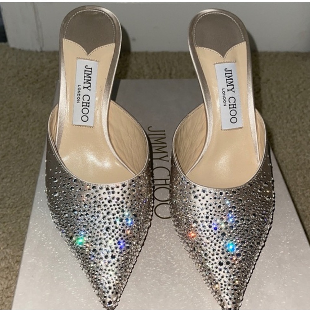 Jimmy Choo Silver Crystal Pointed Toe Slingback Heels